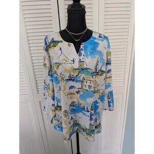 Links Top Women's 1X Coastal Town Blue Lighthouse Vacation Scenes Whimsy T-shirt